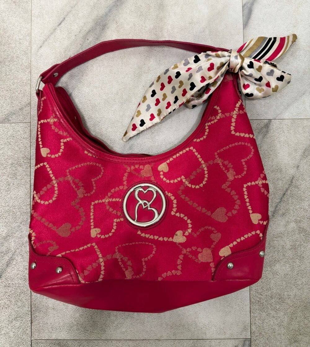 Women’s Pink Heart Pattern Small Crescent Shoulder Bag Zip Closure Bow Charm